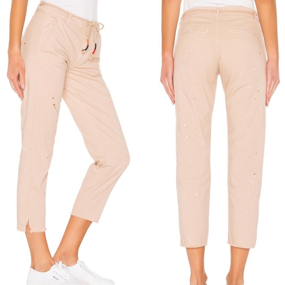 NEW Anthropologie Sundry Carpenter Paint Ankle Crop Pants Boho Tan Drawstring - Picture 2 of 16